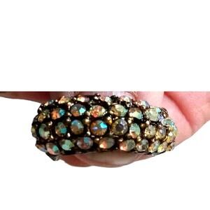 Vintage Crescent Moon Brooch Aurora Borealis Rhinestones Gold Tone VTG